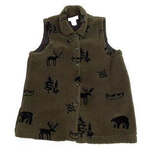 Sweet Jessie Green Fleece Vest Black Moose Bear Canoe Pine Trees Button-up